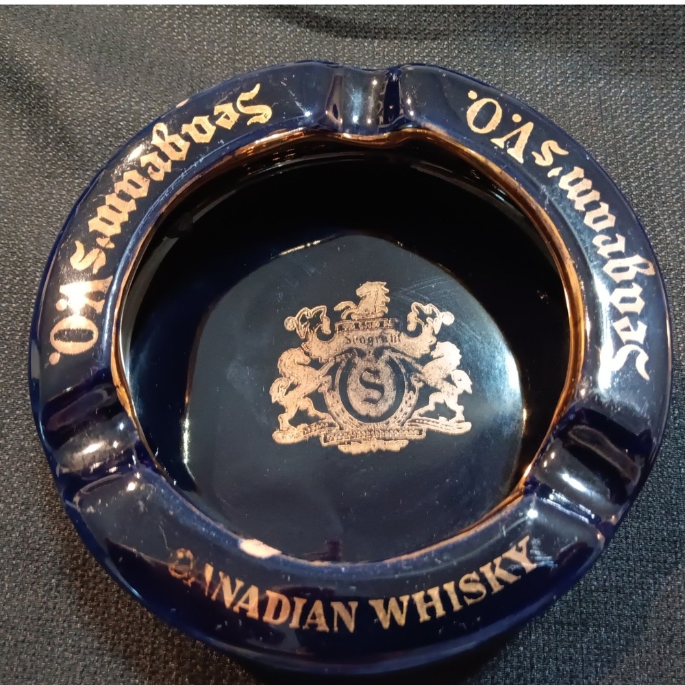 Vintage Seagrams VO Canadian Whisky Ashtray Cobalt Blue Gold Ceramic Made Italy